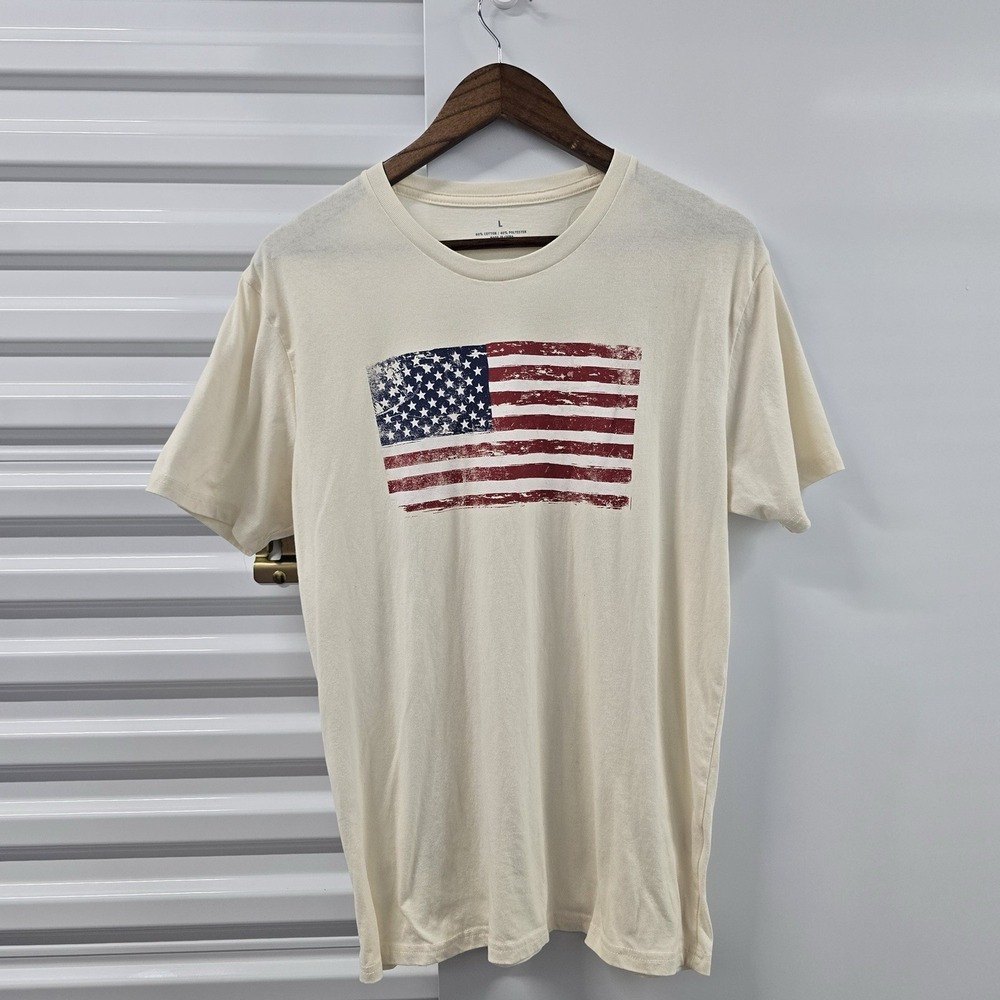Academy Mens American Flag Graphic T-Shirt Large Cream Distressed Patriotic USA